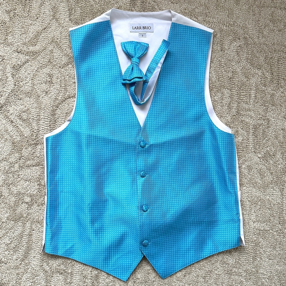 Larr Brio Formal Prom Vest & Adjustable Bow Tie Blue Mens Small S